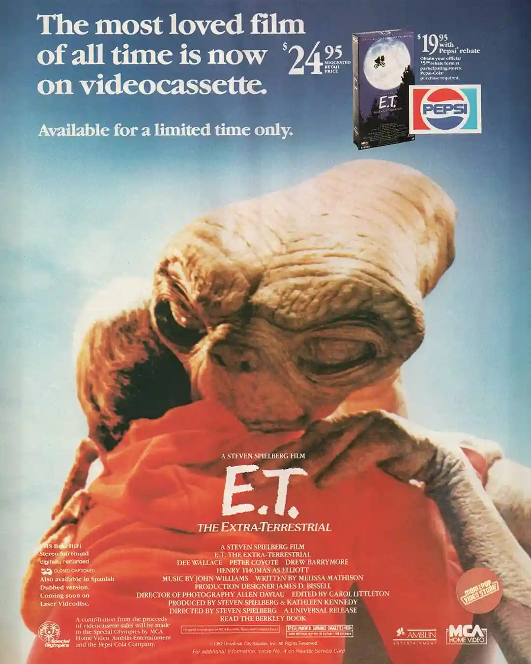 This is a vintage 1982 print advertisement for the movie 'E.T. The Extra-Terrestrial' on VHS, featuring the alien character…