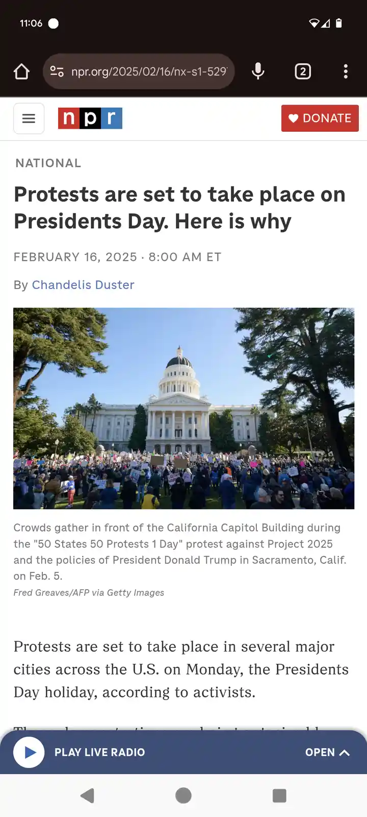 A screenshot of an NPR news article from February 16, 2025, showing a protest in front of the California Capitol Building…