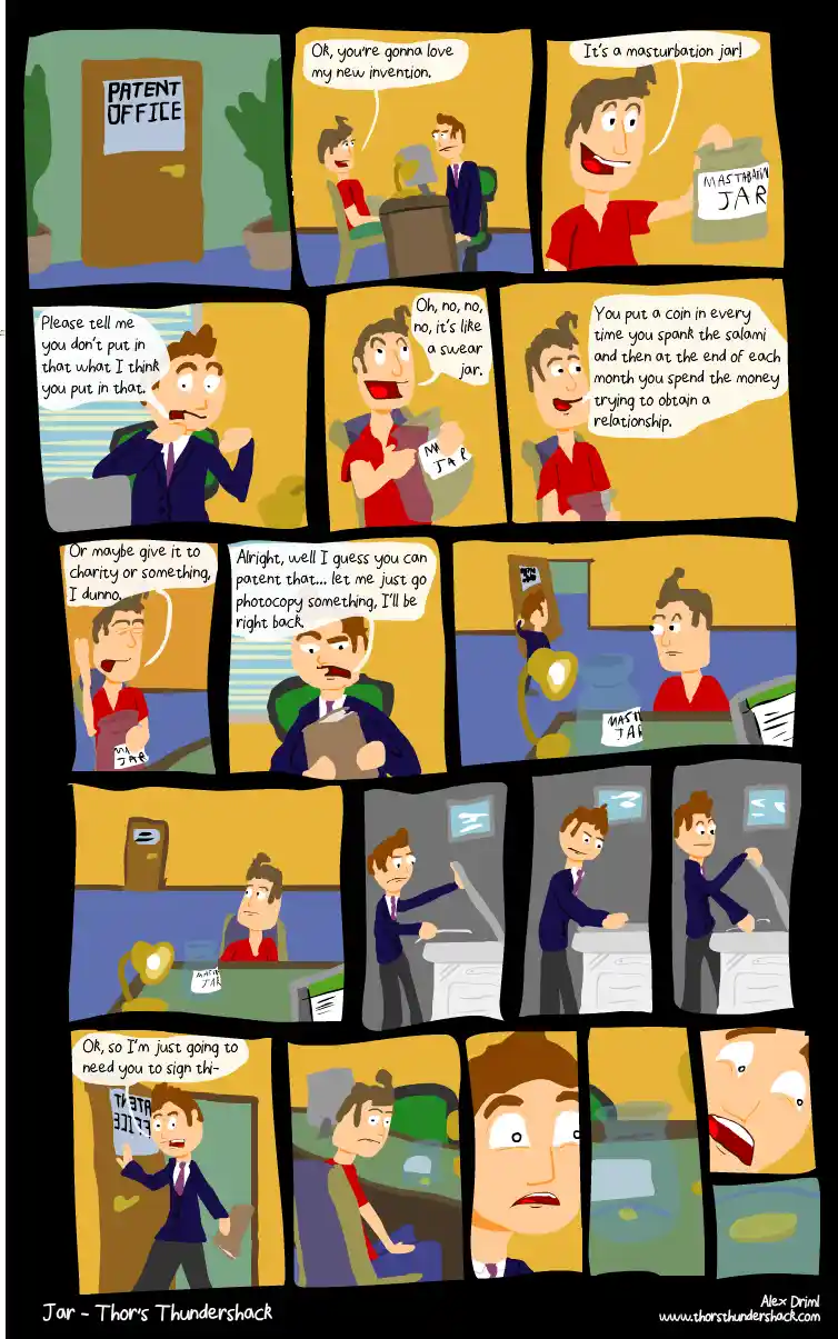 A comic strip depicts a man presenting a 'masturbation jar' to a patent office employee, who is horrified by the concept…