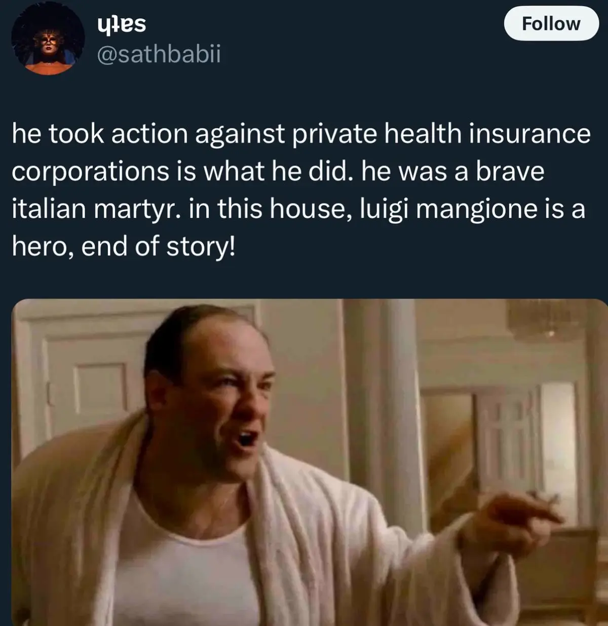 A screenshot of a tweet by @sathbabii shows a man in a white robe pointing angrily, overlaid with text declaring Luigi…