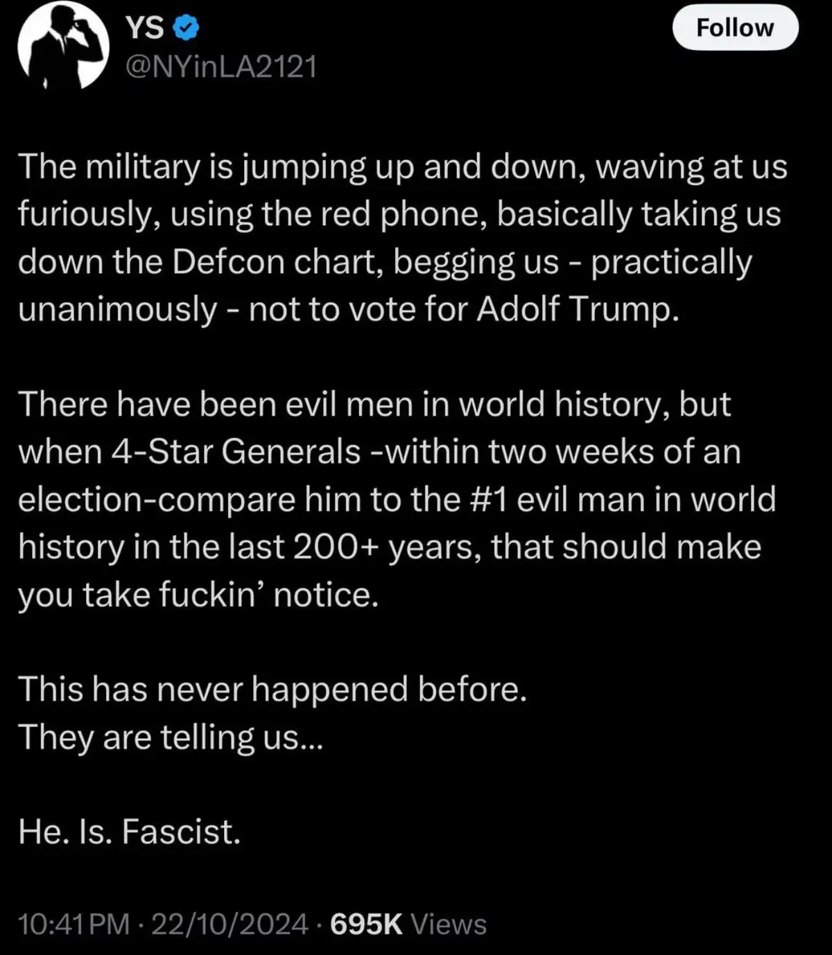 A screenshot of a tweet by user YS (@NYinLA2121) with a black background and white text. The text describes a fictional…
