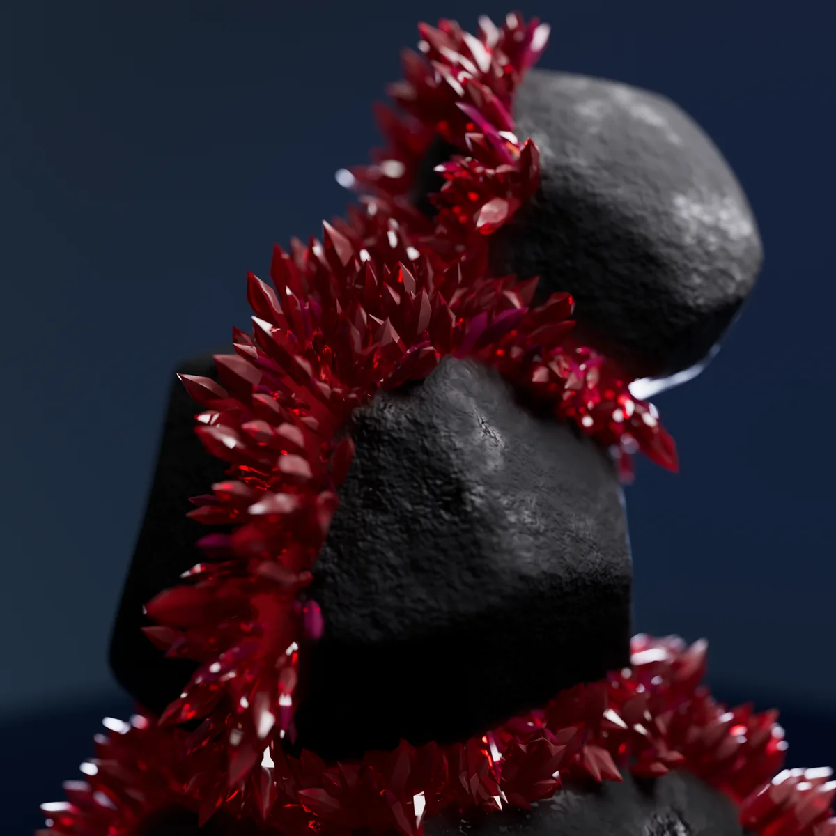 A close-up of a dark, textured, abstract sculpture resembling a stylized head or bust, adorned with a garland of sharp…