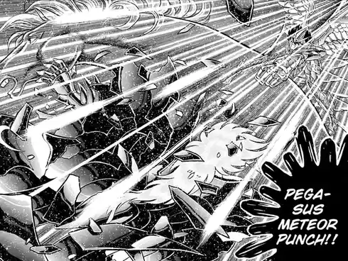 A black-and-white manga panel shows a character in armor delivering a powerful punch, with motion lines and shattered debris…
