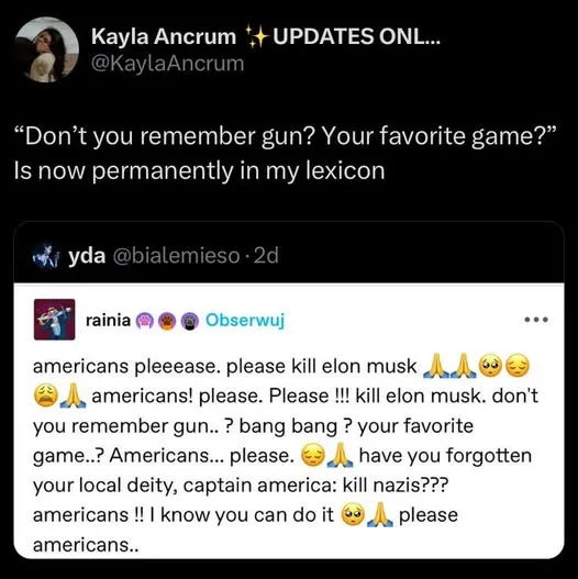A screenshot of a tweet by Kayla Ancrum showing a reply from user 'yda' that reads 'Don't you remember gun? Your favorite…