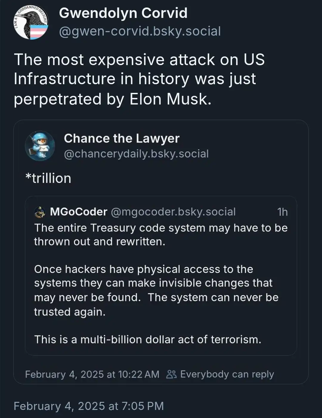 A screenshot of a Bluesky social media thread shows a user claiming Elon Musk perpetrated the most expensive attack on US…
