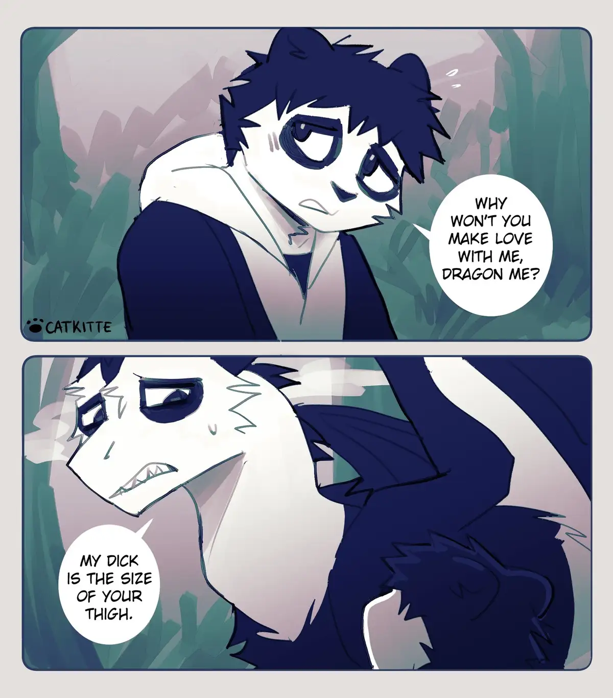 Two-panel comic featuring an anime-style human character with dark hair and a white hoodie asking a dragon-like character…