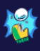 A pixelated, cartoonish hand with a green and yellow glove is shown holding a white, round object resembling a moon or a…
