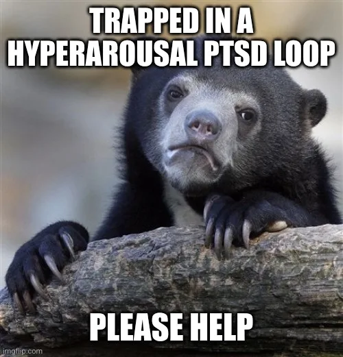 A black bear with a sad, pleading expression rests its paws on a log. The text overlaid on the image reads 'TRAPPED IN A…