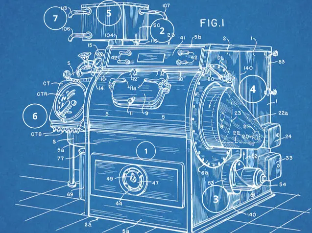 A blue-toned technical patent drawing of a complex, labeled machine with numerous numbered parts and annotations, overlaid…