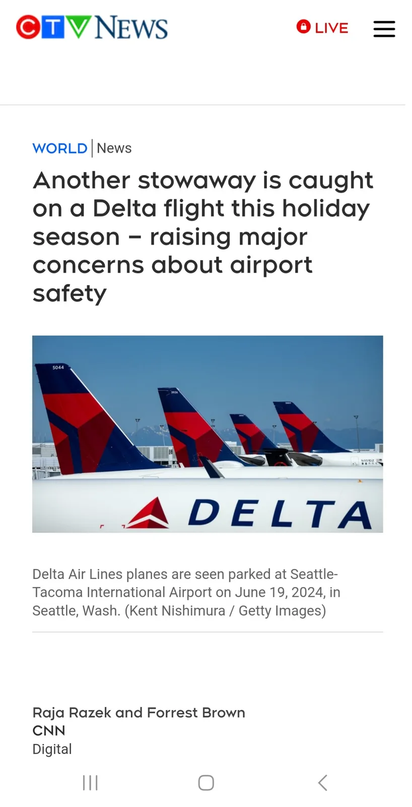 A screenshot of a CTV News article shows a photo of several Delta Air Lines airplanes parked at an airport, with their red…
