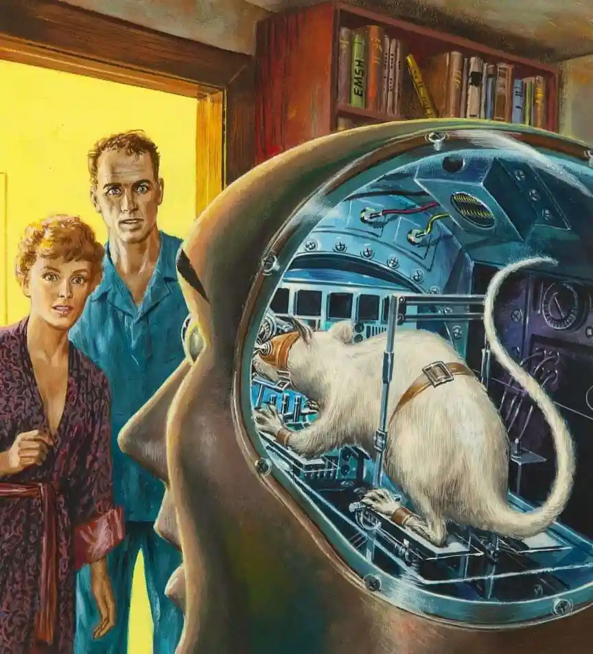 A vintage sci-fi illustration shows a man and woman looking shocked as they see a large rat wearing a belt and operating…