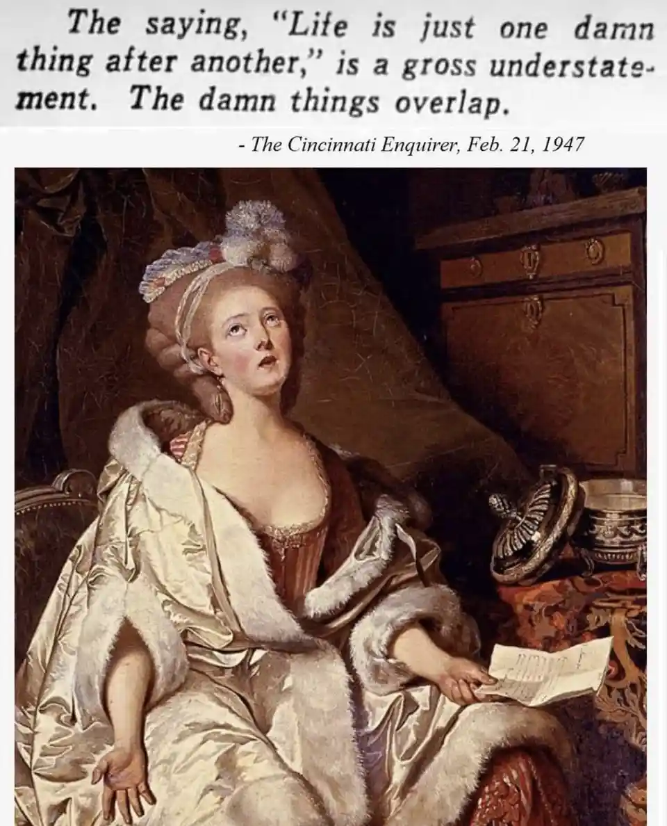 A classical painting of a woman in an ornate, fur-trimmed gown seated and holding a sheet of paper, looking upward with a…