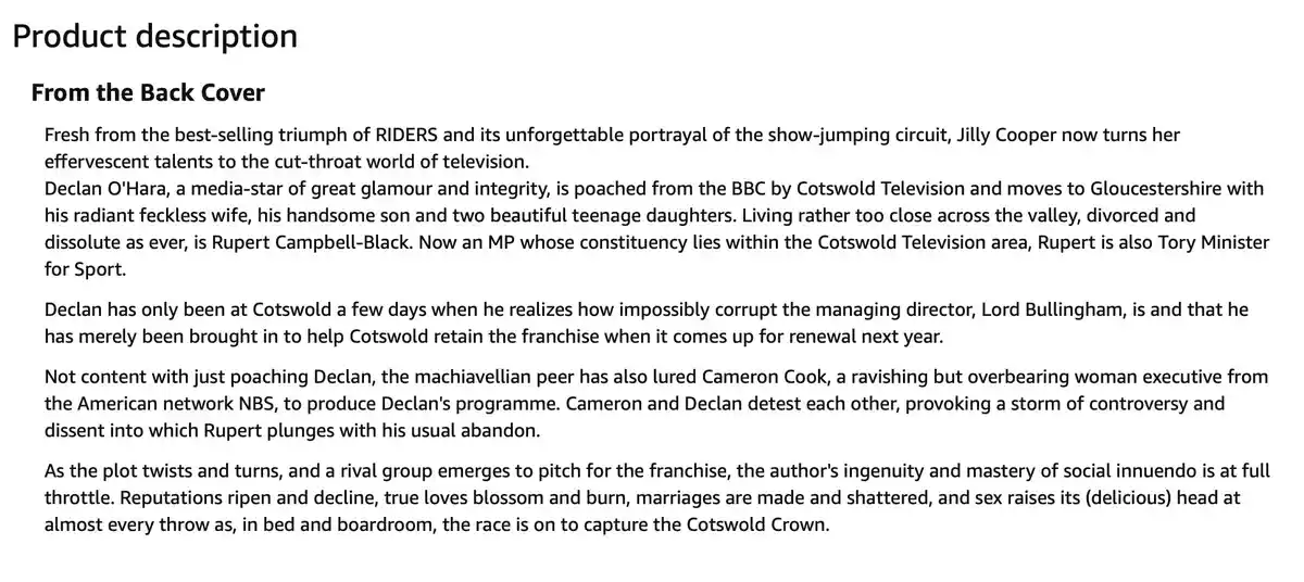 The image displays a black-and-white text excerpt titled 'From the Back Cover,' describing a fictional TV drama. The text…