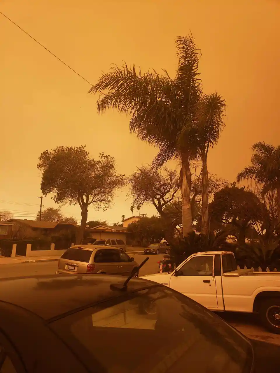 A residential street is bathed in an intense orange glow from wildfire smoke, with palm trees and parked cars visible under…