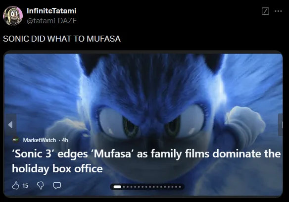 A screenshot of a tweet shows a close-up of the blue hedgehog Sonic from 'Sonic the Hedgehog 3' with a determined, intense…