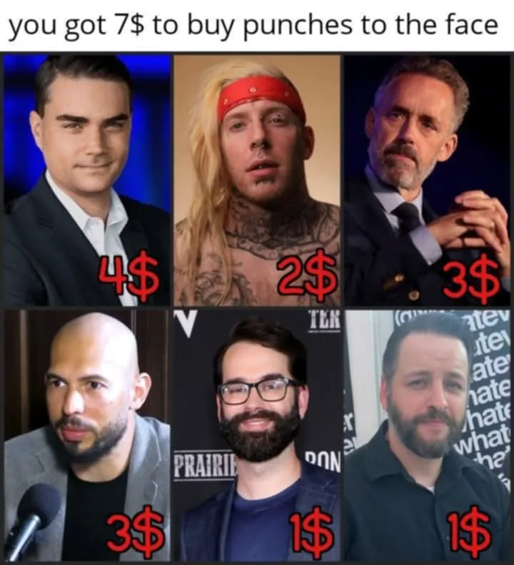 A six-panel grid shows six different men, each with a red dollar amount overlaid below them. The top row features a man in a…
