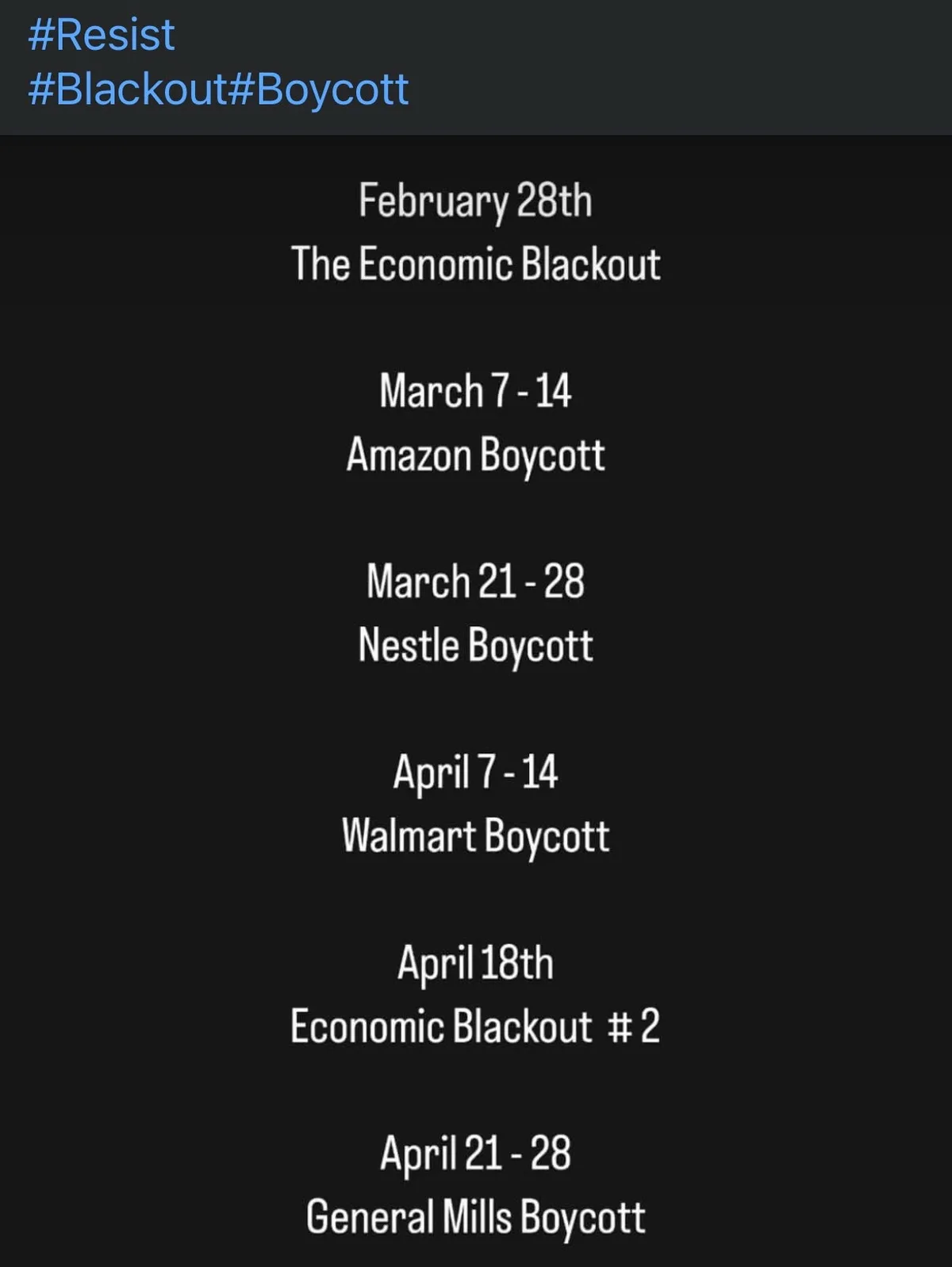 A black background displays a list of scheduled boycotts and economic blackouts with dates, including Amazon, Nestle…