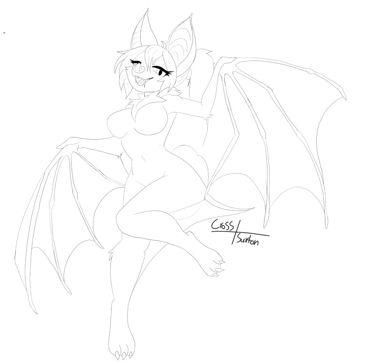 A black-and-white line art drawing of a stylized female bat character with large ears, fangs, and wings, posed seductively…