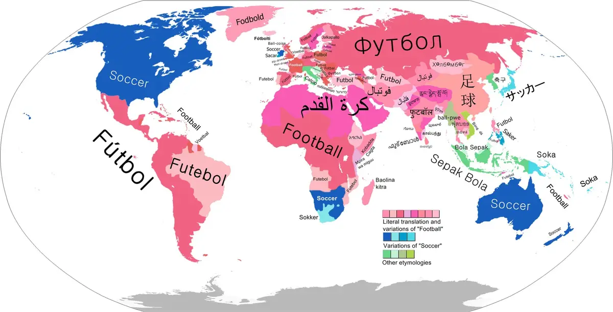 A world map showing the various names for soccer in different countries, with each region labeled in its local language. The…