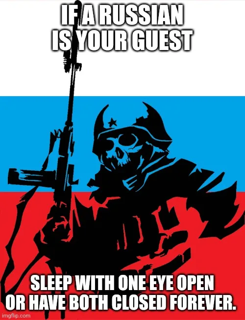 A stylized black silhouette of a skull wearing a military helmet with a star and holding a rifle, set against a background…